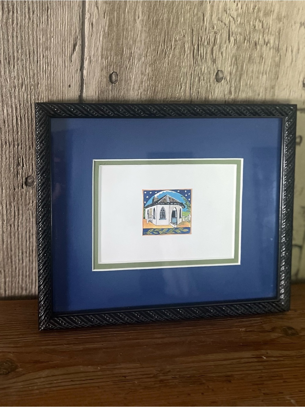 Framed Small Church Artwork in blue  Mat 9 x 10 framed by hobby lobby